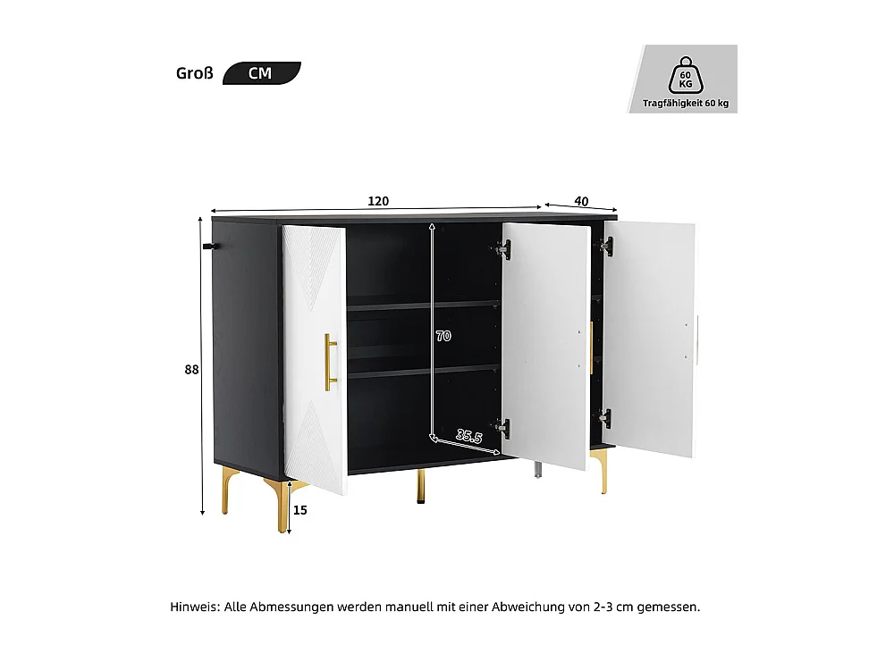 Buffet bohemian avec 3 portes blanches à rayures mates poignées et pieds dorés buffet noir