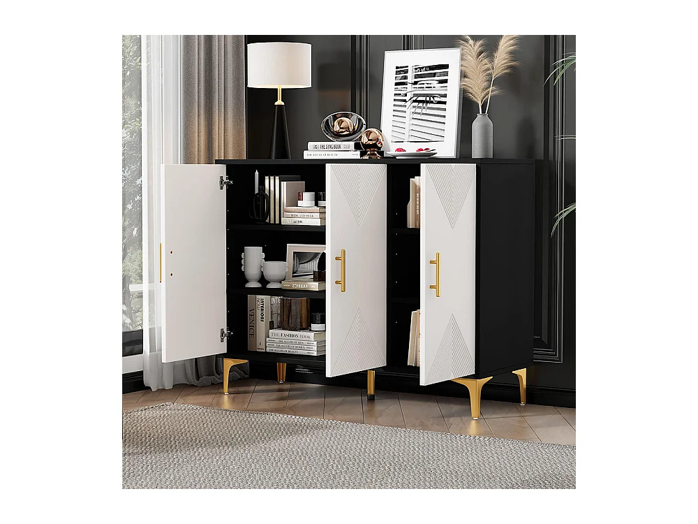 Buffet bohemian avec 3 portes blanches à rayures mates poignées et pieds dorés buffet noir