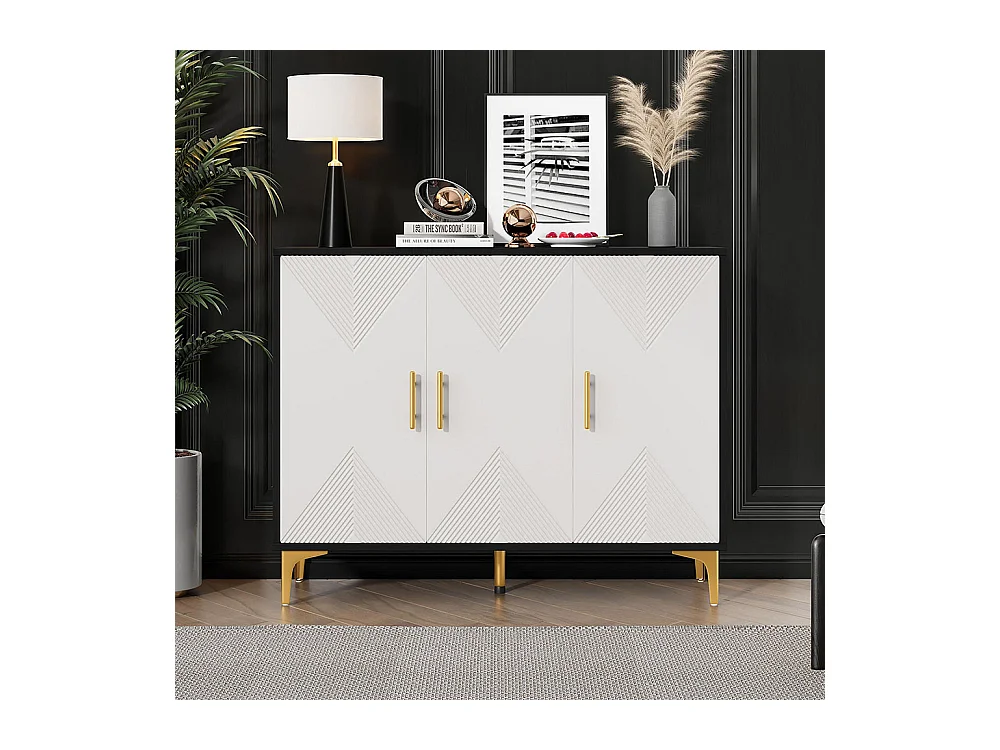 Buffet bohemian avec 3 portes blanches à rayures mates poignées et pieds dorés buffet noir