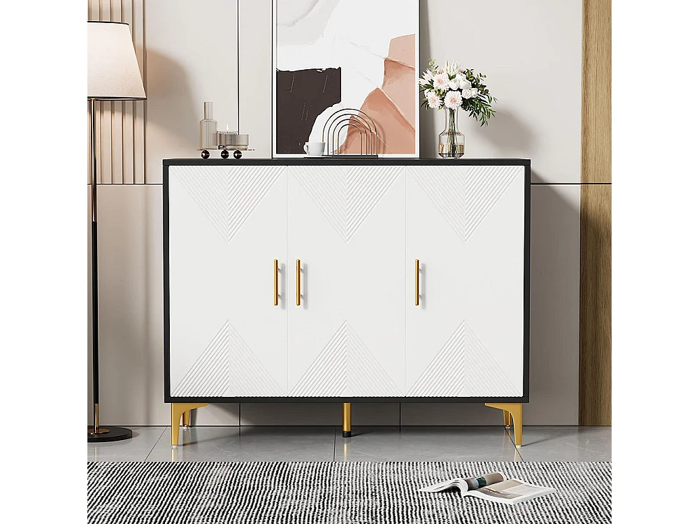 Buffet bohemian avec 3 portes blanches à rayures mates poignées et pieds dorés buffet noir
