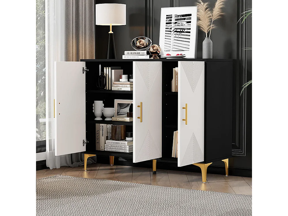 Buffet bohemian avec 3 portes blanches à rayures mates poignées et pieds dorés buffet noir