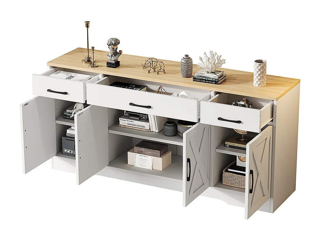 Buffet avec 4 portes et 3 tiroirs moderne armoire multifonction en bois buffet de salle à manger buffet blanc