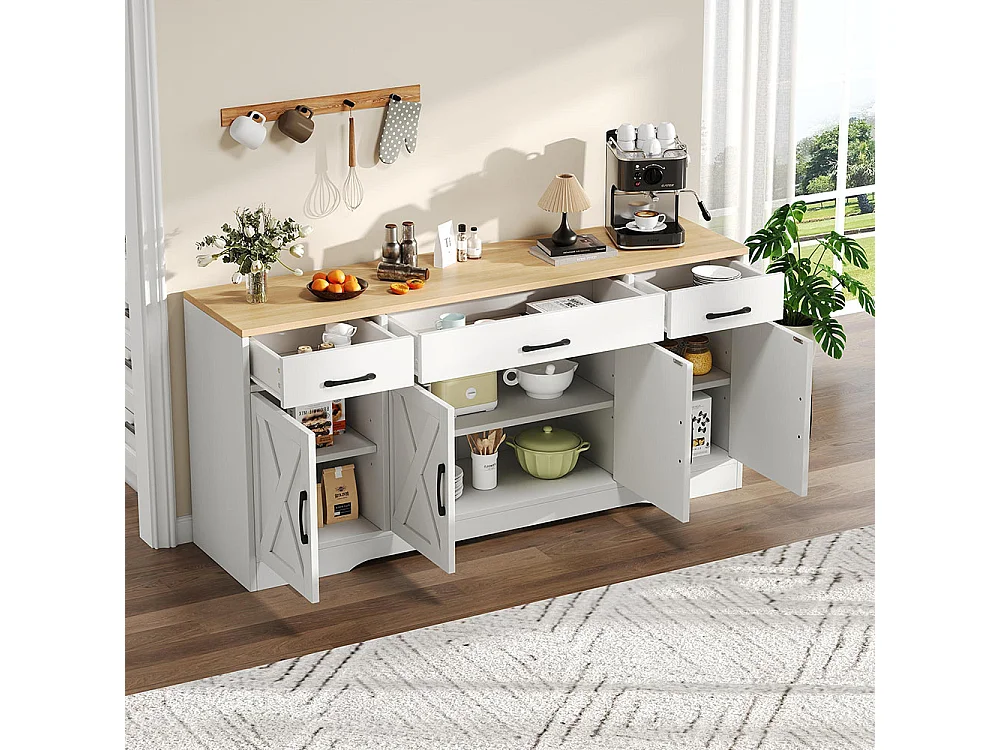 Buffet avec 4 portes et 3 tiroirs moderne armoire multifonction en bois buffet de salle à manger buffet blanc