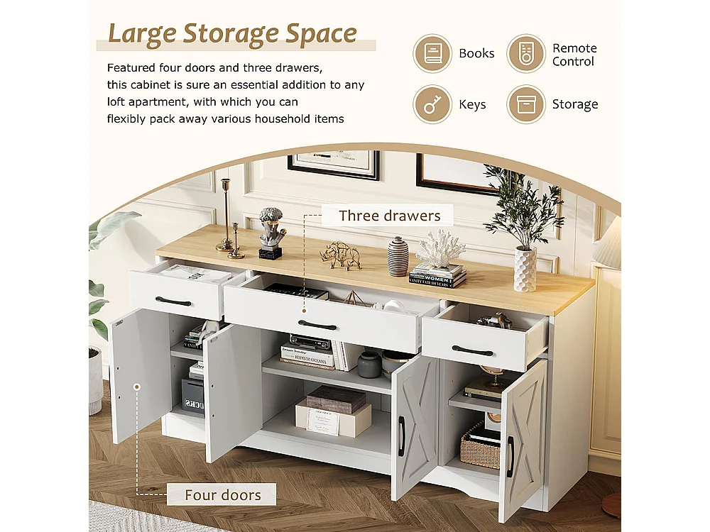Buffet avec 4 portes et 3 tiroirs moderne armoire multifonction en bois buffet de salle à manger buffet blanc
