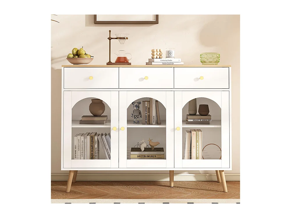 Buffet avec 3 tiroirs et 3 portes avec armoire de rangement meuble bombées en verre trempé blanc+naturel