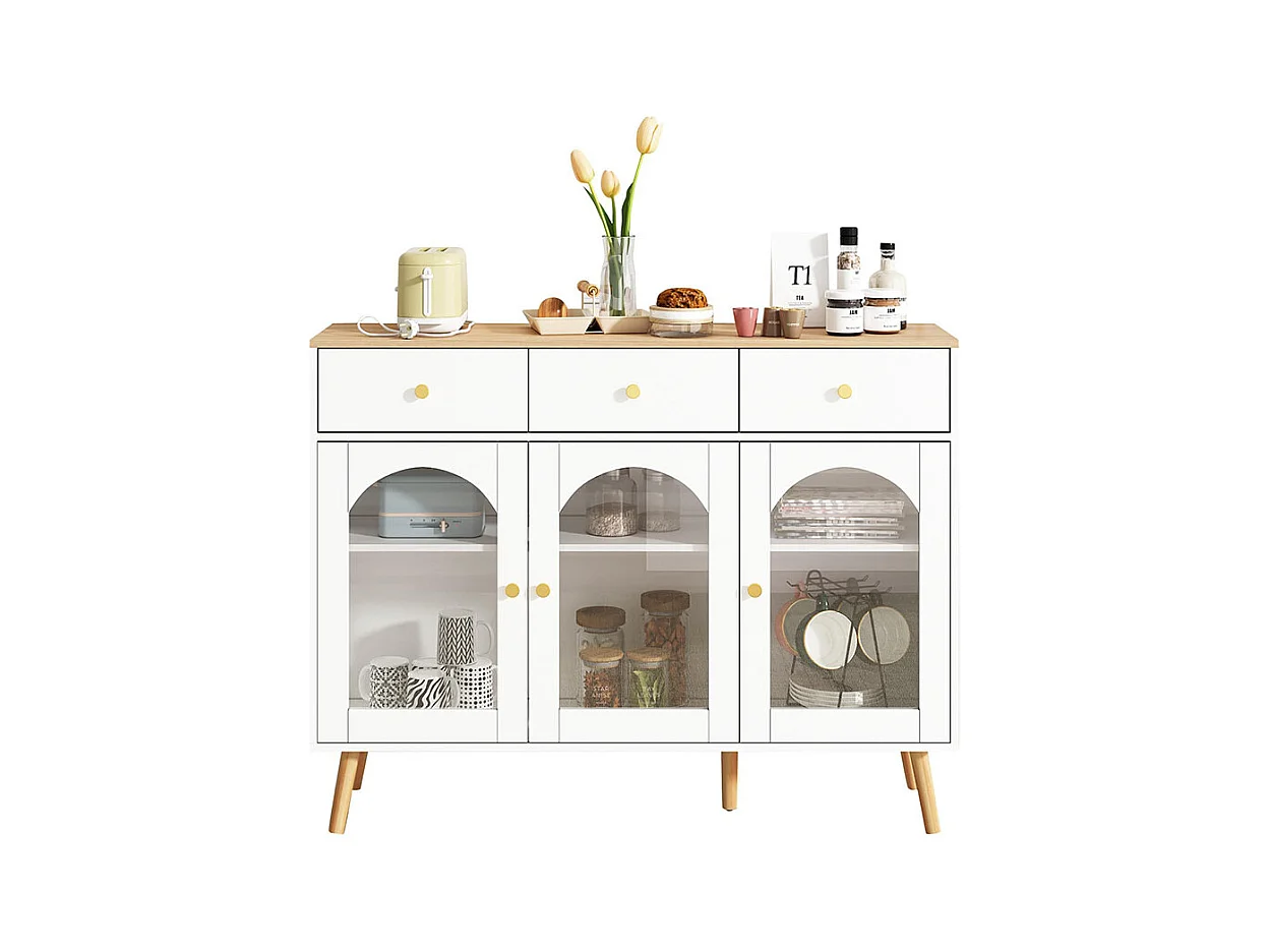 Buffet avec 3 tiroirs et 3 portes avec armoire de rangement meuble bombées en verre trempé blanc+naturel