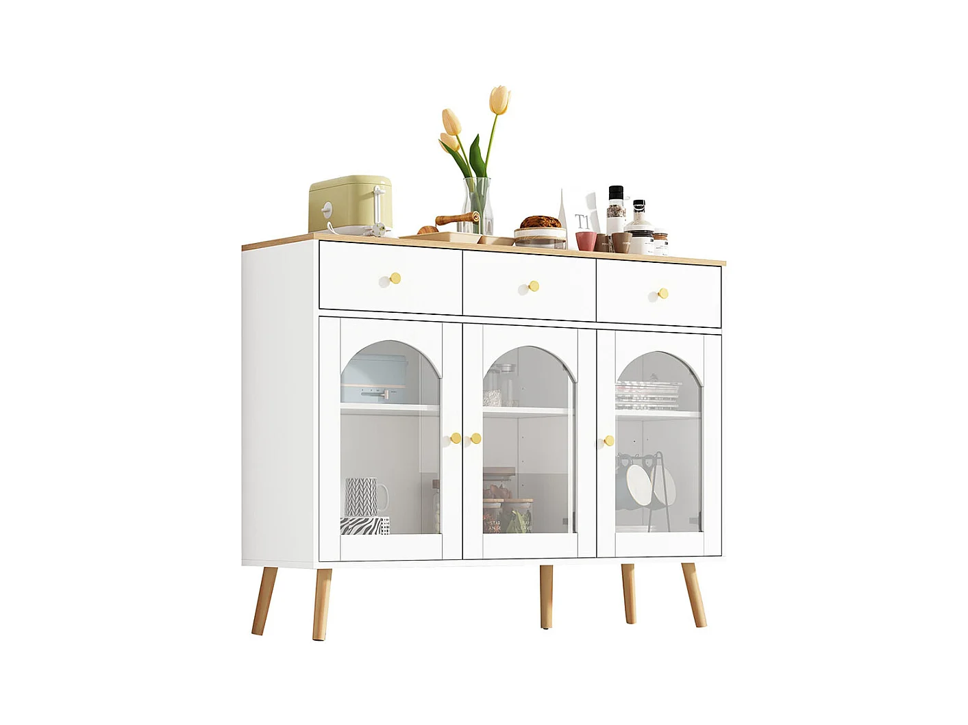Buffet avec 3 tiroirs et 3 portes avec armoire de rangement meuble bombées en verre trempé blanc+naturel