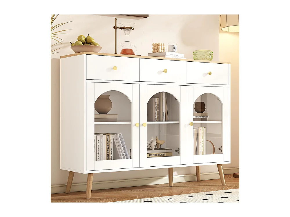 Buffet avec 3 tiroirs et 3 portes avec armoire de rangement meuble bombées en verre trempé blanc+naturel