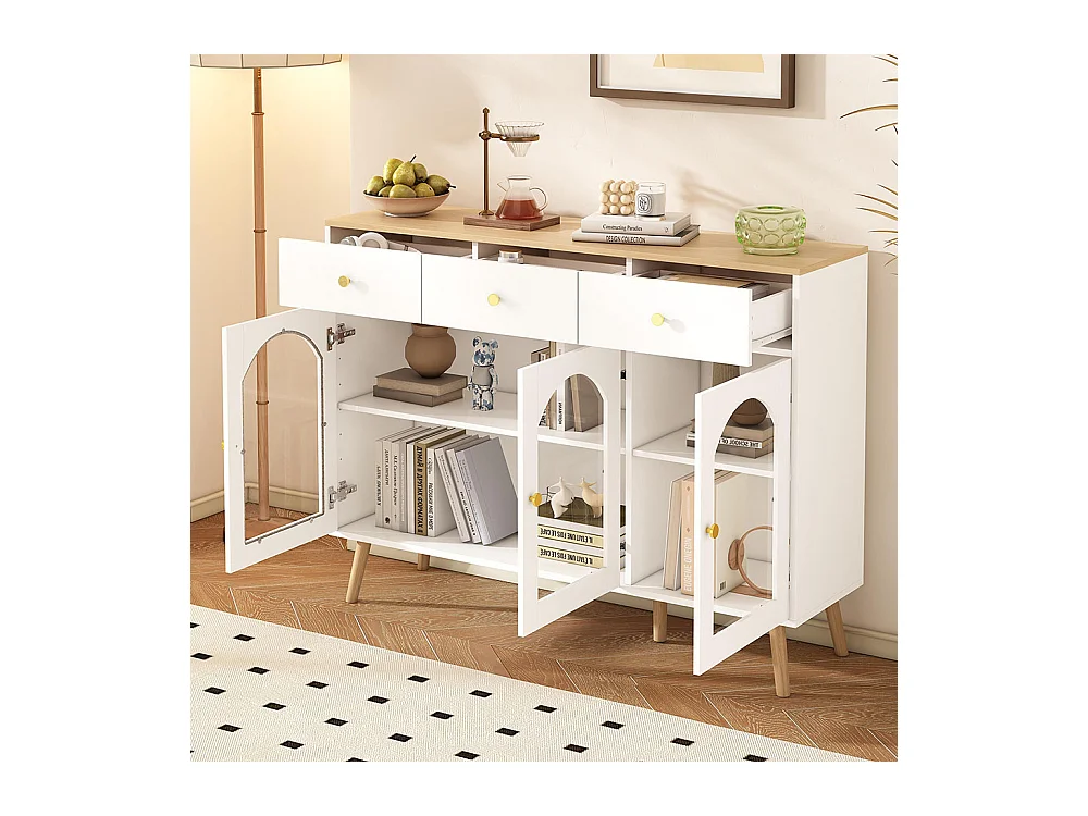 Buffet avec 3 tiroirs et 3 portes avec armoire de rangement meuble bombées en verre trempé blanc+naturel