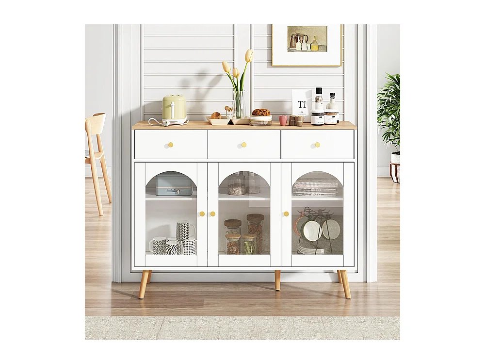 Buffet avec 3 tiroirs et 3 portes avec armoire de rangement meuble bombées en verre trempé blanc+naturel