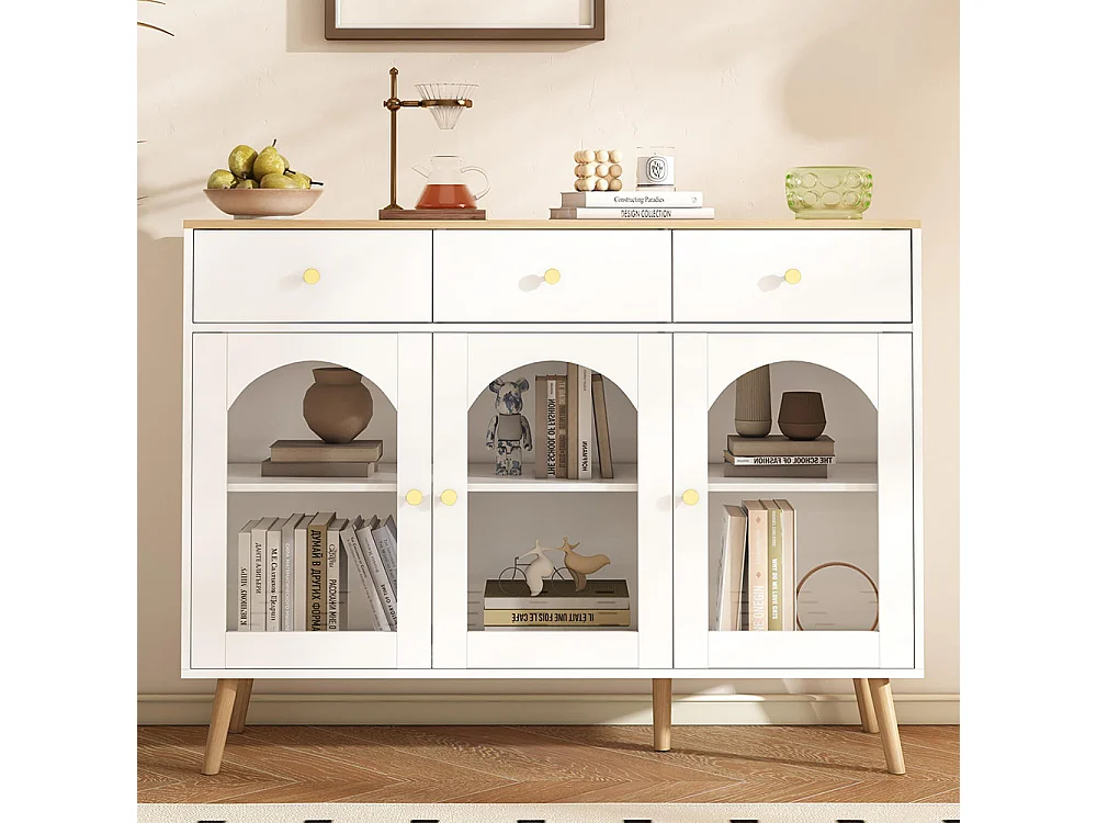 Buffet avec 3 tiroirs et 3 portes avec armoire de rangement meuble bombées en verre trempé blanc+naturel