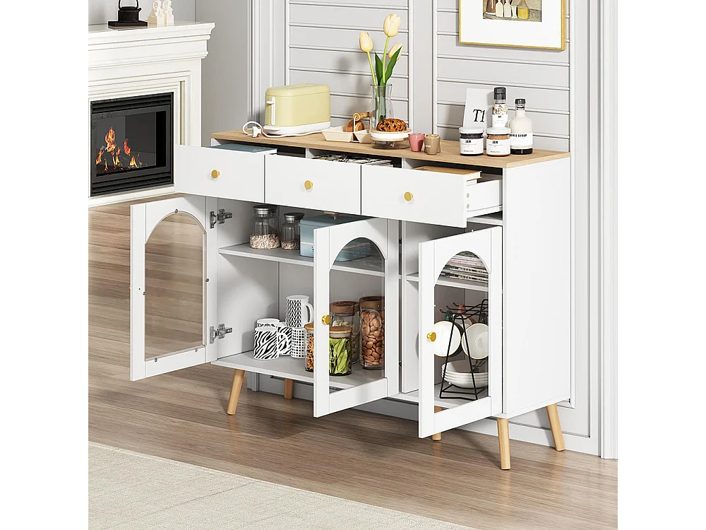 Buffet avec 3 tiroirs et 3 portes avec armoire de rangement meuble bombées en verre trempé blanc+naturel