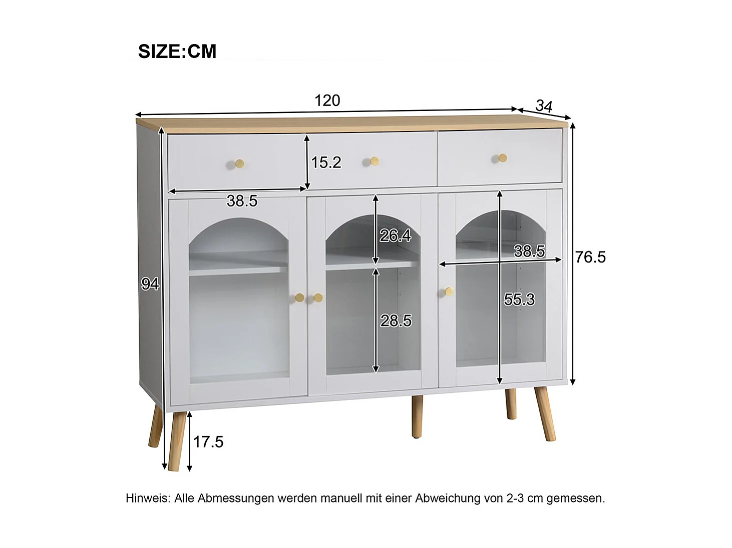 Buffet avec 3 tiroirs et 3 portes avec armoire de rangement meuble bombées en verre trempé blanc+naturel