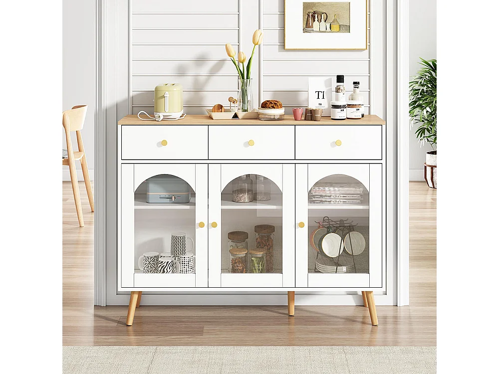Buffet avec 3 tiroirs et 3 portes avec armoire de rangement meuble bombées en verre trempé blanc+naturel