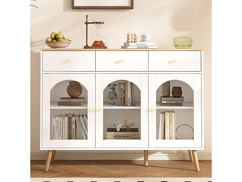 Buffet avec 3 tiroirs et 3 portes avec armoire de rangement meuble bombées en verre trempé blanc+naturel
