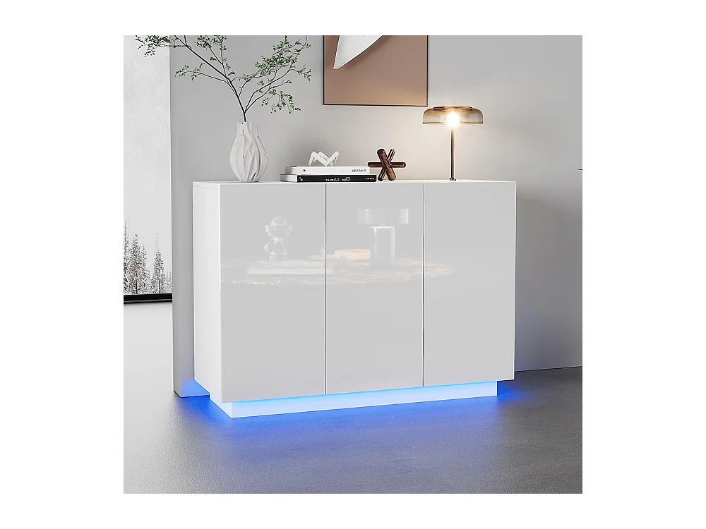 Buffet avec 3 portes brillante ouverte et fermée éclairage LED sur socle blanc