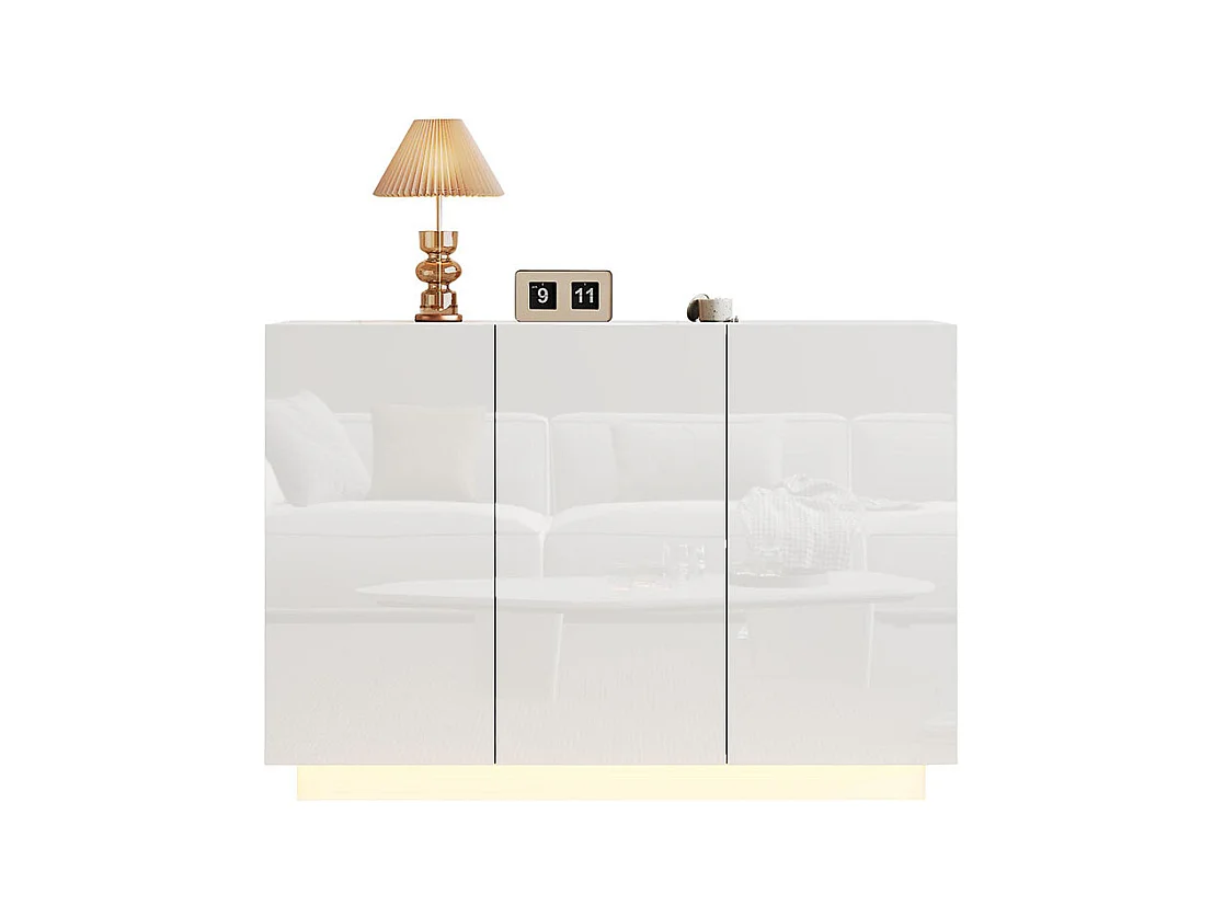 Buffet avec 3 portes brillante ouverte et fermée éclairage LED sur socle blanc