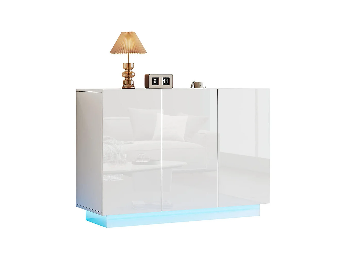 Buffet avec 3 portes brillante ouverte et fermée éclairage LED sur socle blanc