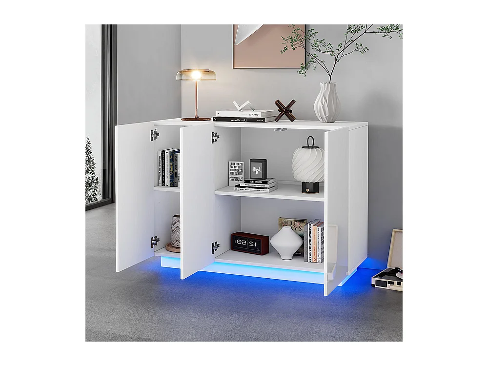Buffet avec 3 portes brillante ouverte et fermée éclairage LED sur socle blanc