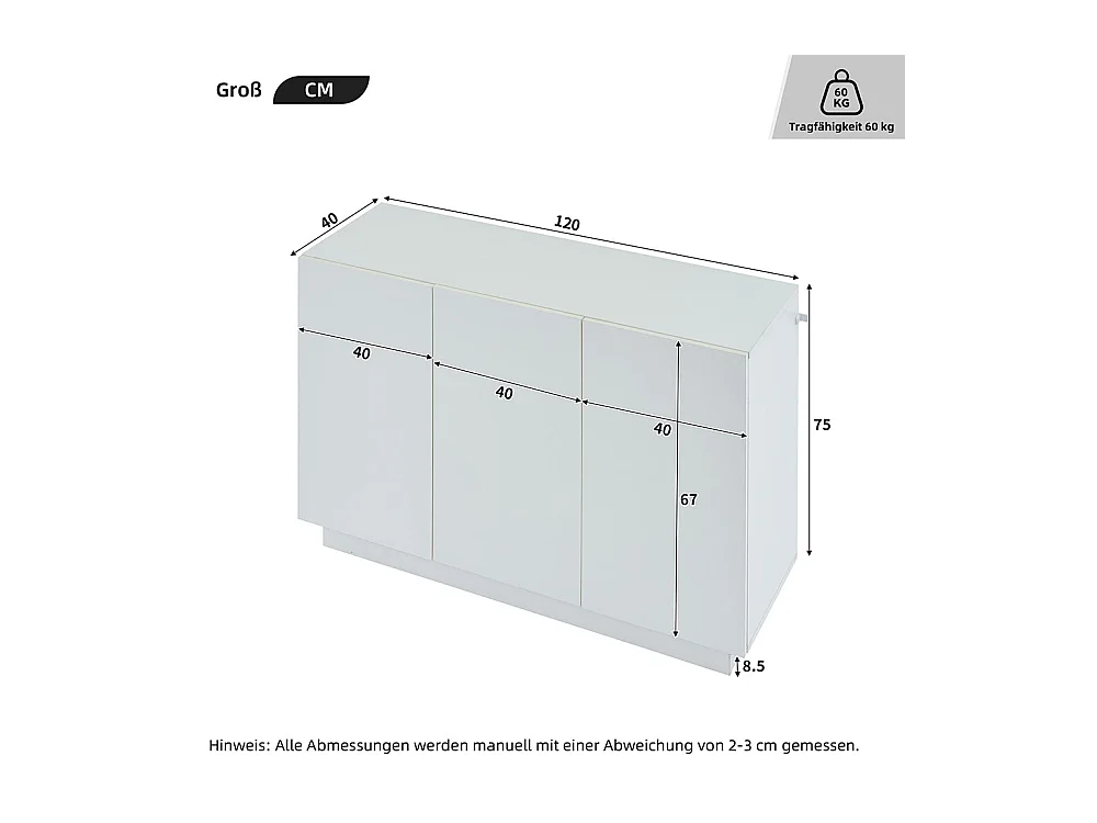 Buffet avec 3 portes brillante ouverte et fermée éclairage LED sur socle blanc