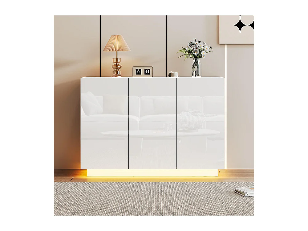 Buffet avec 3 portes brillante ouverte et fermée éclairage LED sur socle blanc