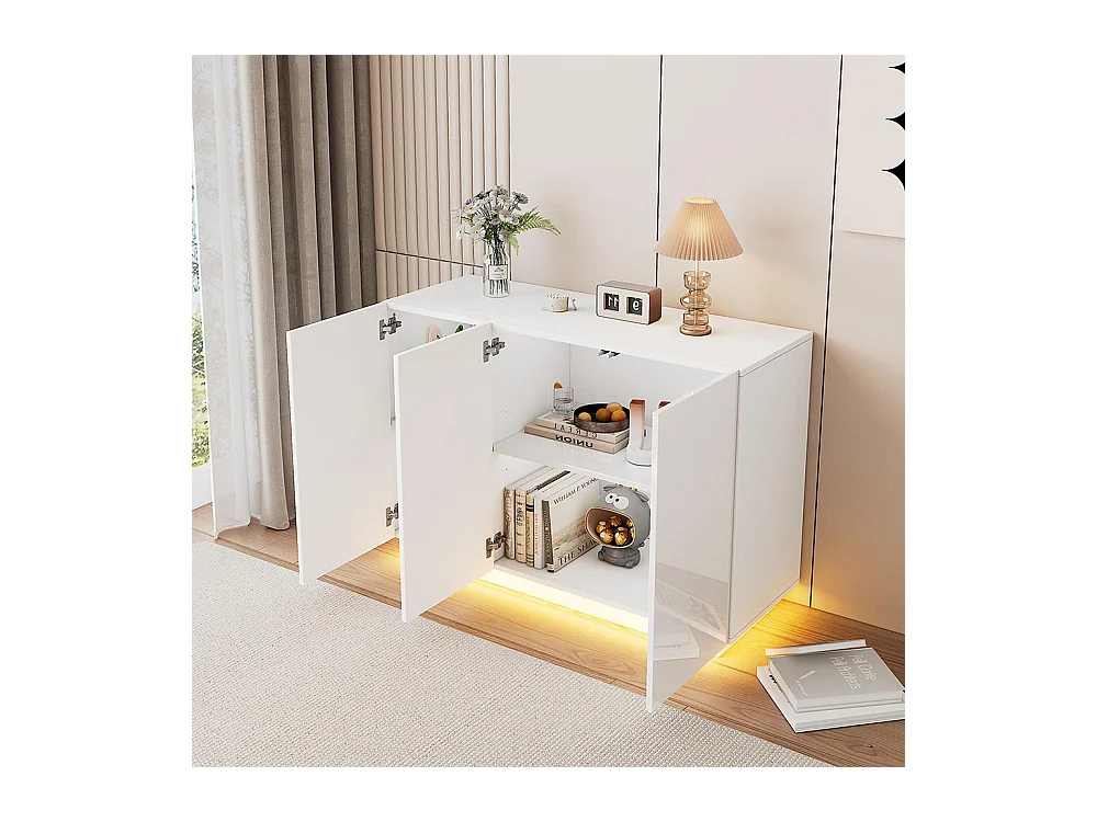 Buffet avec 3 portes brillante ouverte et fermée éclairage LED sur socle blanc