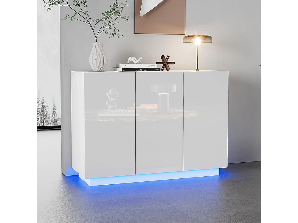 Buffet avec 3 portes brillante ouverte et fermée éclairage LED sur socle blanc