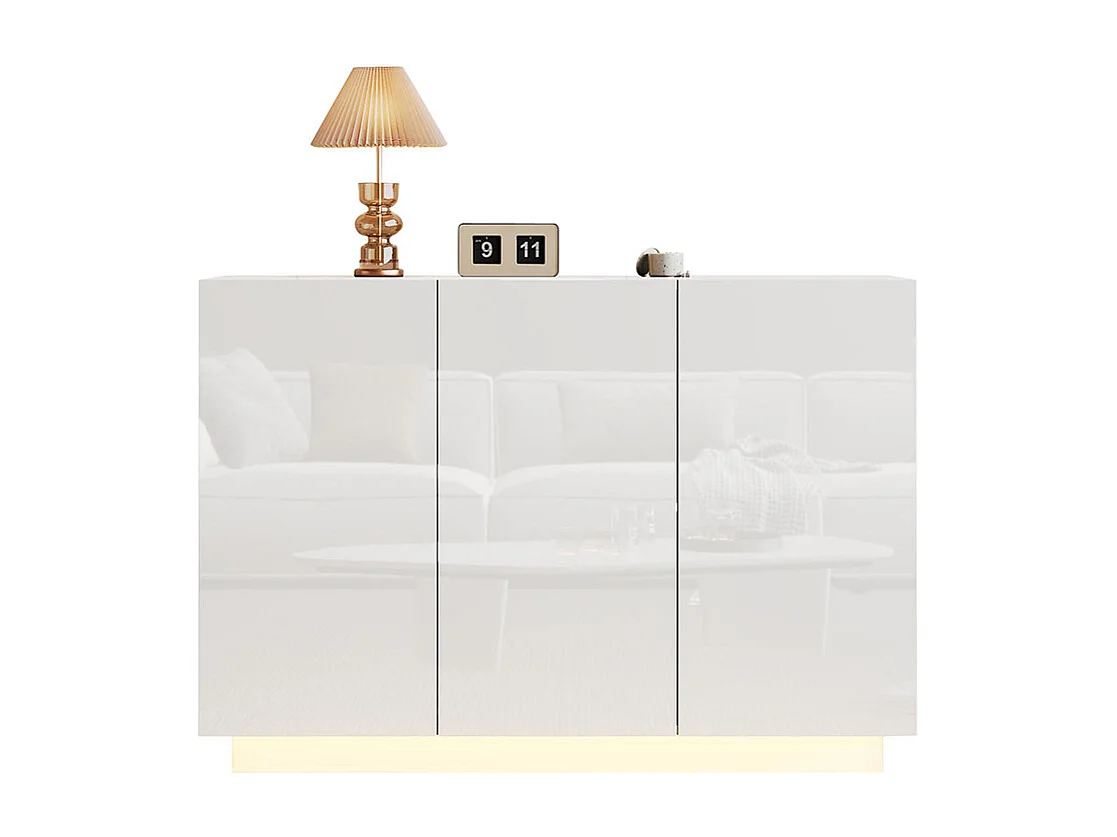 Buffet avec 3 portes brillante ouverte et fermée éclairage LED sur socle blanc