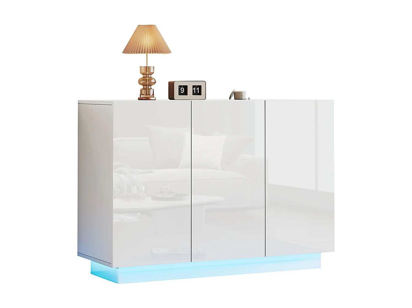 Buffet avec 3 portes brillante ouverte et fermée éclairage LED sur socle blanc