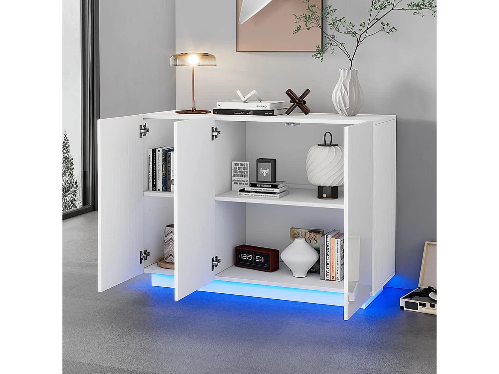 Buffet avec 3 portes brillante ouverte et fermée éclairage LED sur socle blanc