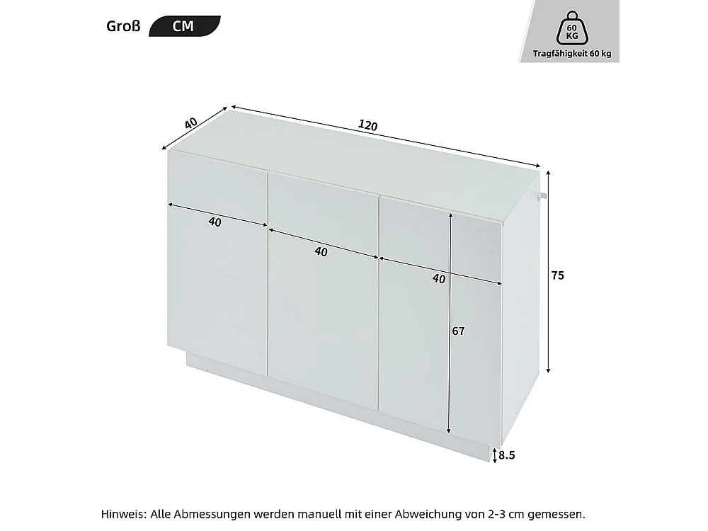 Buffet avec 3 portes brillante ouverte et fermée éclairage LED sur socle blanc