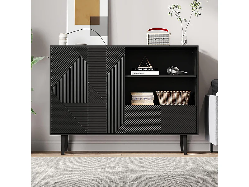 Buffet 2 portes ouvrantes et 1 tiroir avec rayures mates armoire de rangement avec motif géométrique noir
