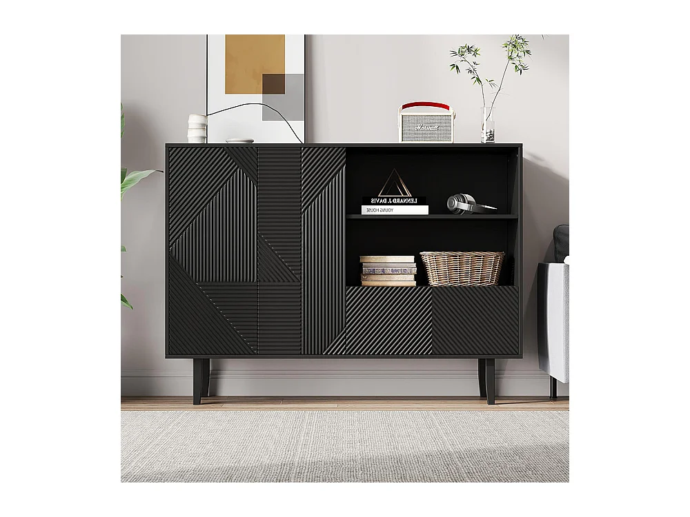 Buffet 2 portes ouvrantes et 1 tiroir avec rayures mates armoire de rangement avec motif géométrique noir
