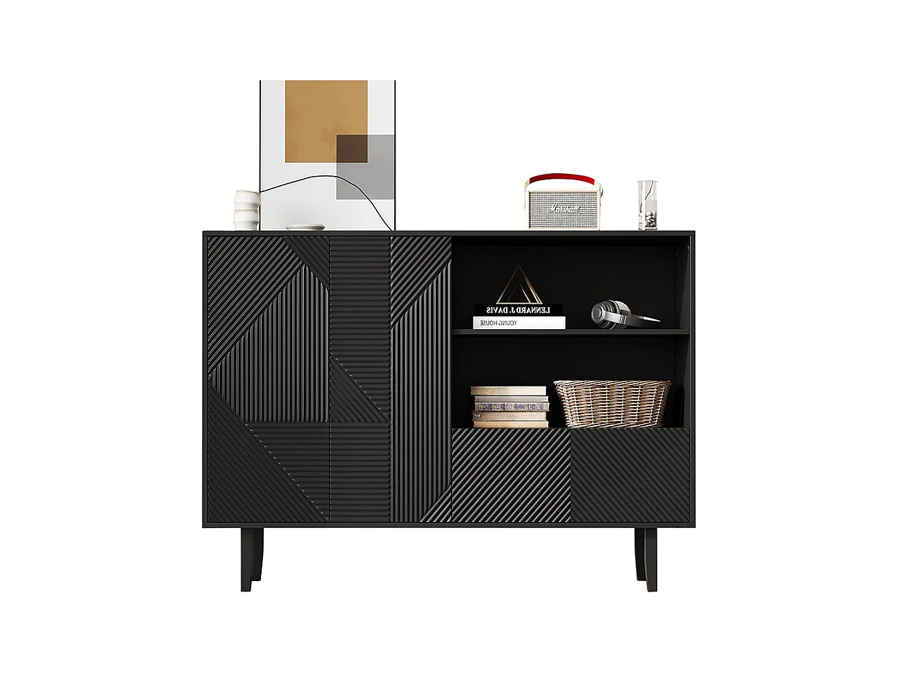 Buffet 2 portes ouvrantes et 1 tiroir avec rayures mates armoire de rangement avec motif géométrique noir