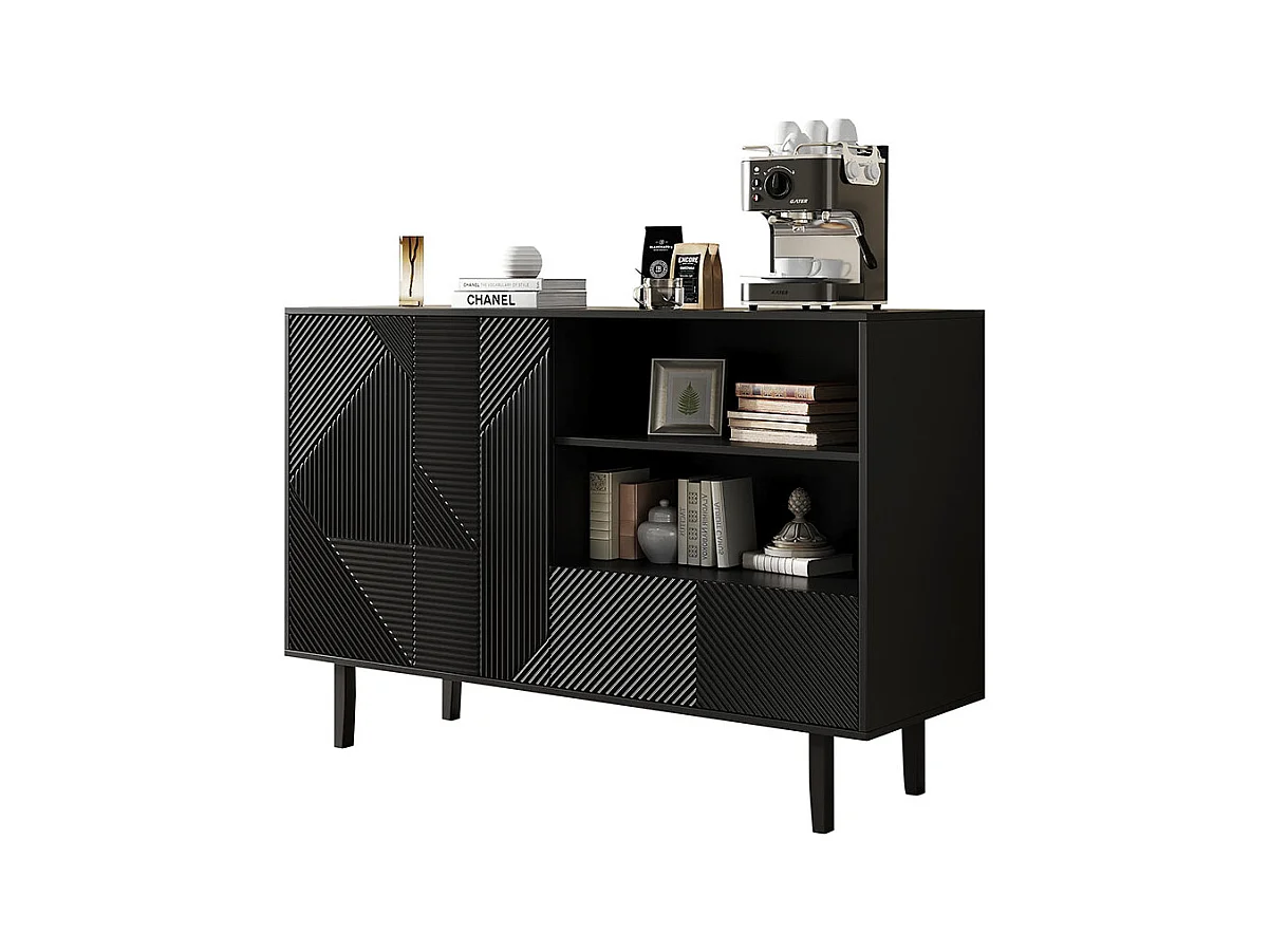 Buffet 2 portes ouvrantes et 1 tiroir avec rayures mates armoire de rangement avec motif géométrique noir