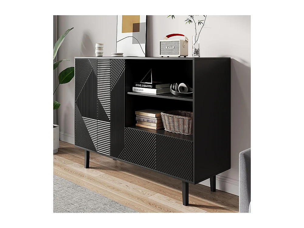 Buffet 2 portes ouvrantes et 1 tiroir avec rayures mates armoire de rangement avec motif géométrique noir