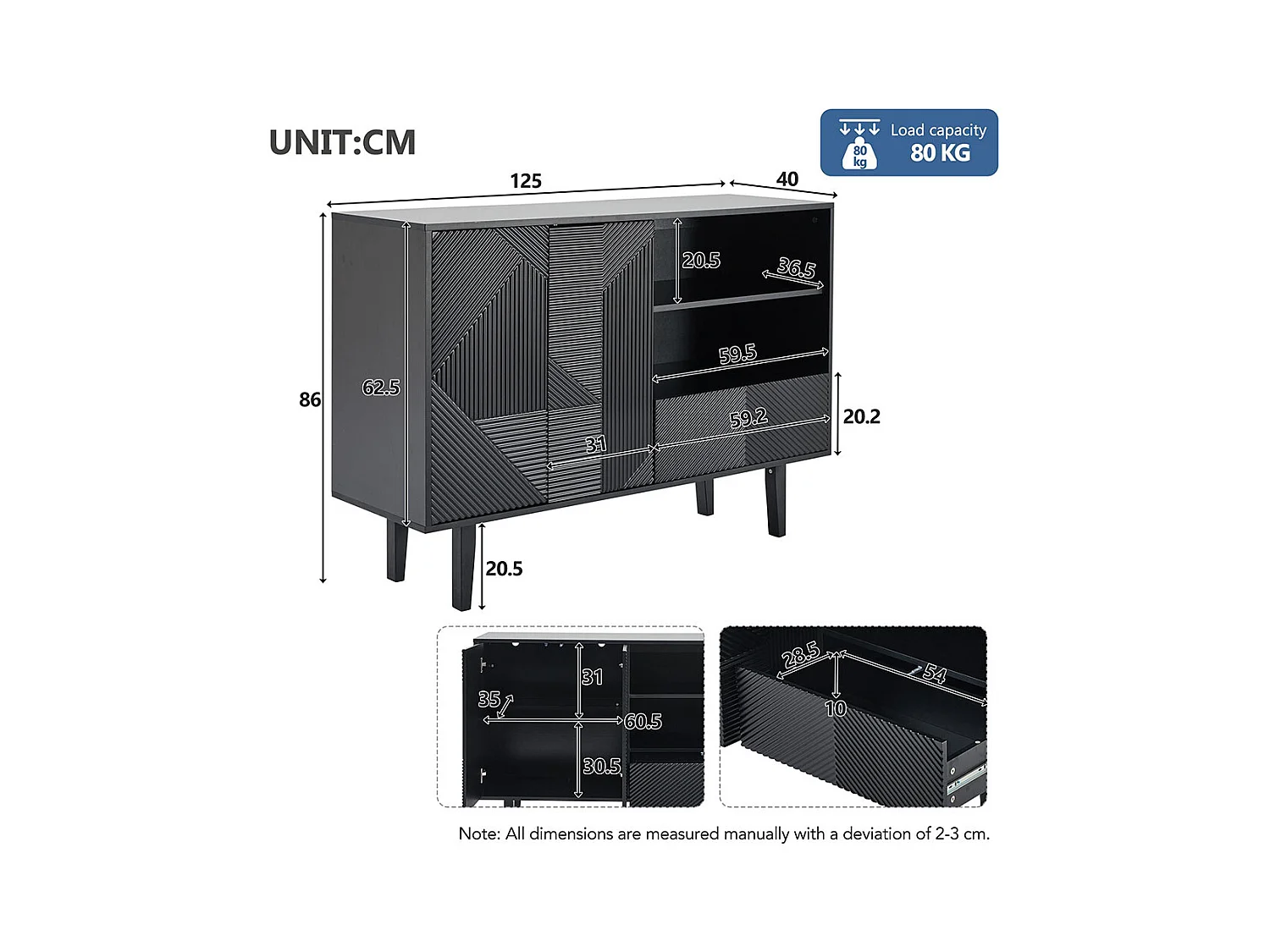 Buffet 2 portes ouvrantes et 1 tiroir avec rayures mates armoire de rangement avec motif géométrique noir