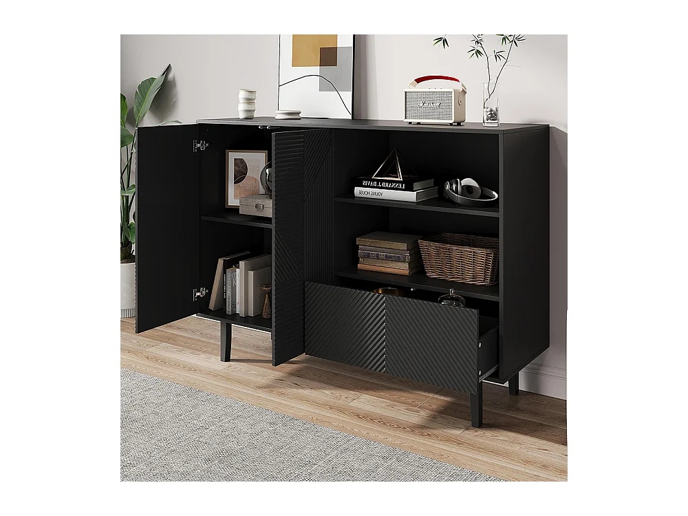 Buffet 2 portes ouvrantes et 1 tiroir avec rayures mates armoire de rangement avec motif géométrique noir