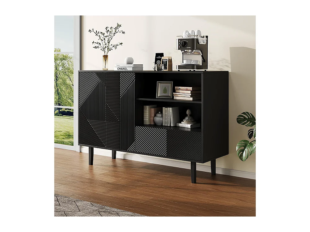 Buffet 2 portes ouvrantes et 1 tiroir avec rayures mates armoire de rangement avec motif géométrique noir