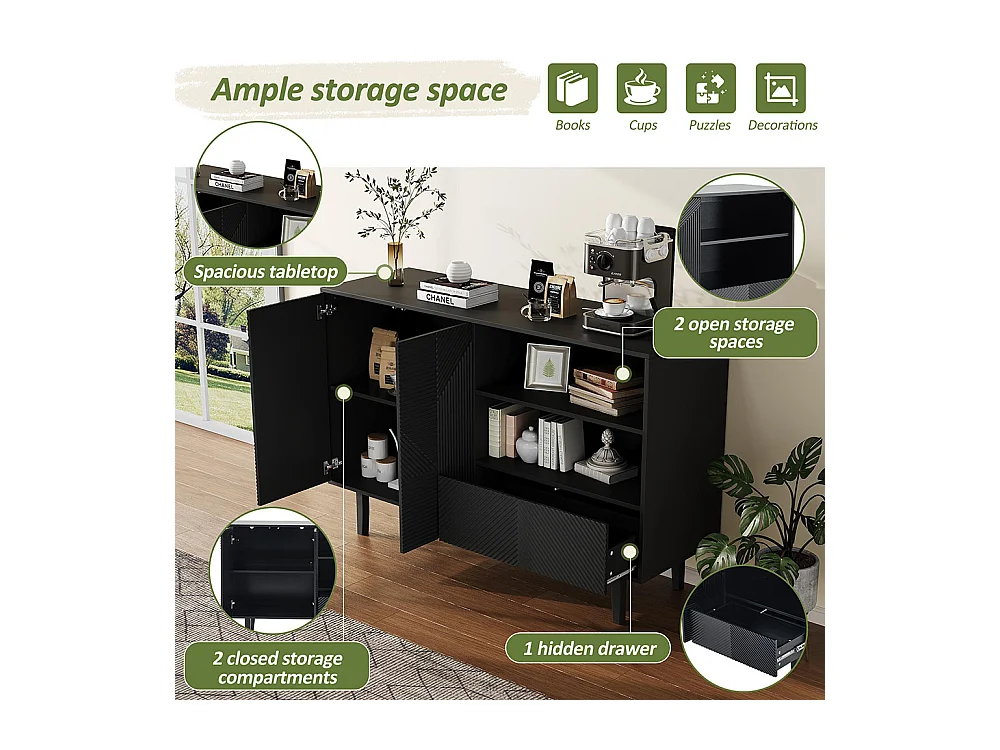 Buffet 2 portes ouvrantes et 1 tiroir avec rayures mates armoire de rangement avec motif géométrique noir