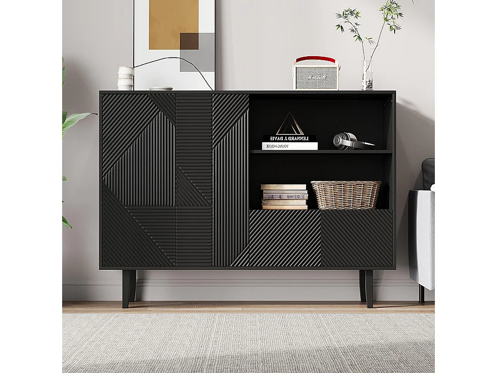 Buffet 2 portes ouvrantes et 1 tiroir avec rayures mates armoire de rangement avec motif géométrique noir