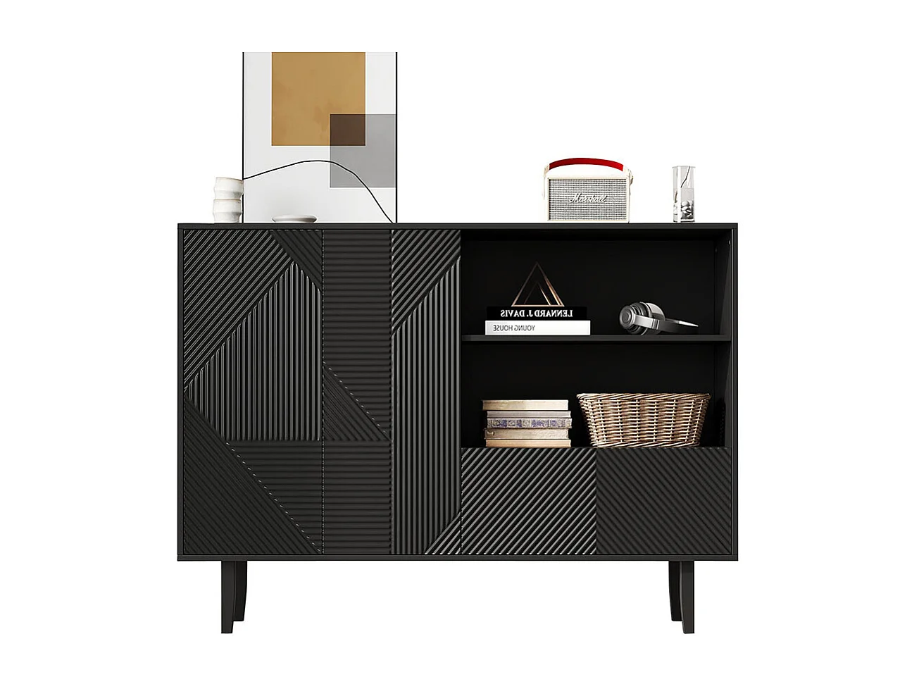 Buffet 2 portes ouvrantes et 1 tiroir avec rayures mates armoire de rangement avec motif géométrique noir