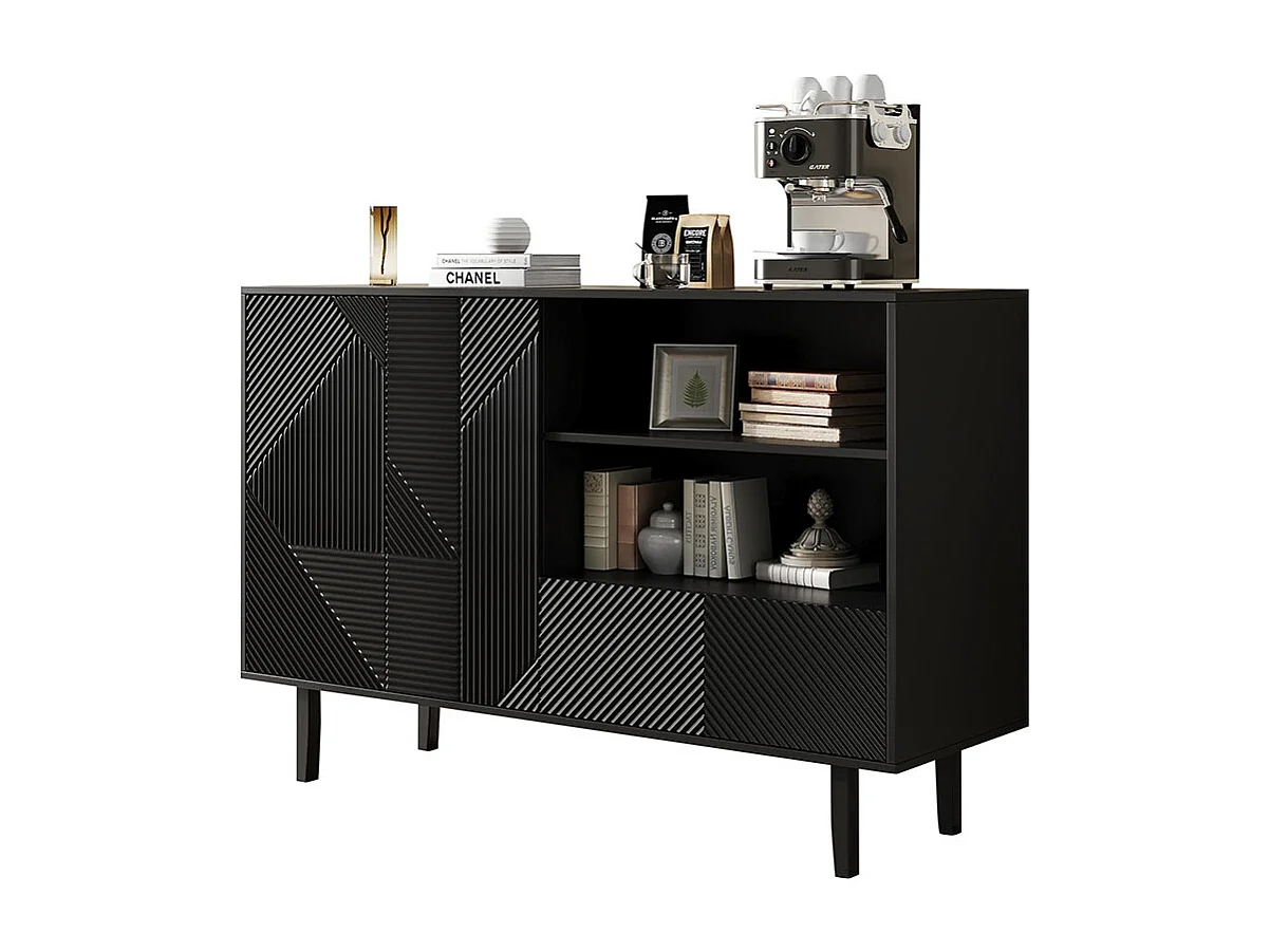 Buffet 2 portes ouvrantes et 1 tiroir avec rayures mates armoire de rangement avec motif géométrique noir
