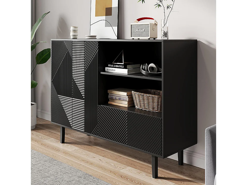 Buffet 2 portes ouvrantes et 1 tiroir avec rayures mates armoire de rangement avec motif géométrique noir