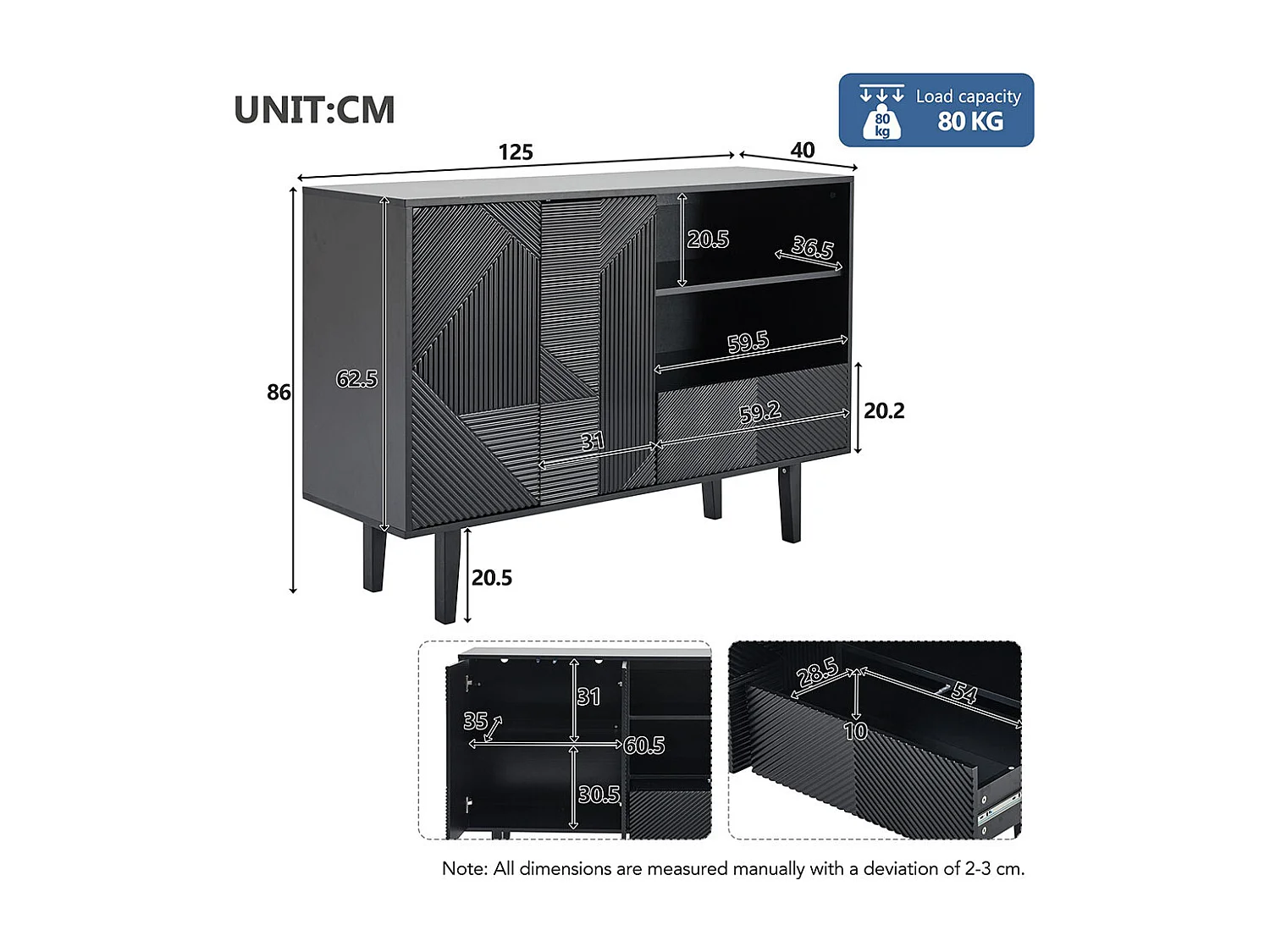 Buffet 2 portes ouvrantes et 1 tiroir avec rayures mates armoire de rangement avec motif géométrique noir