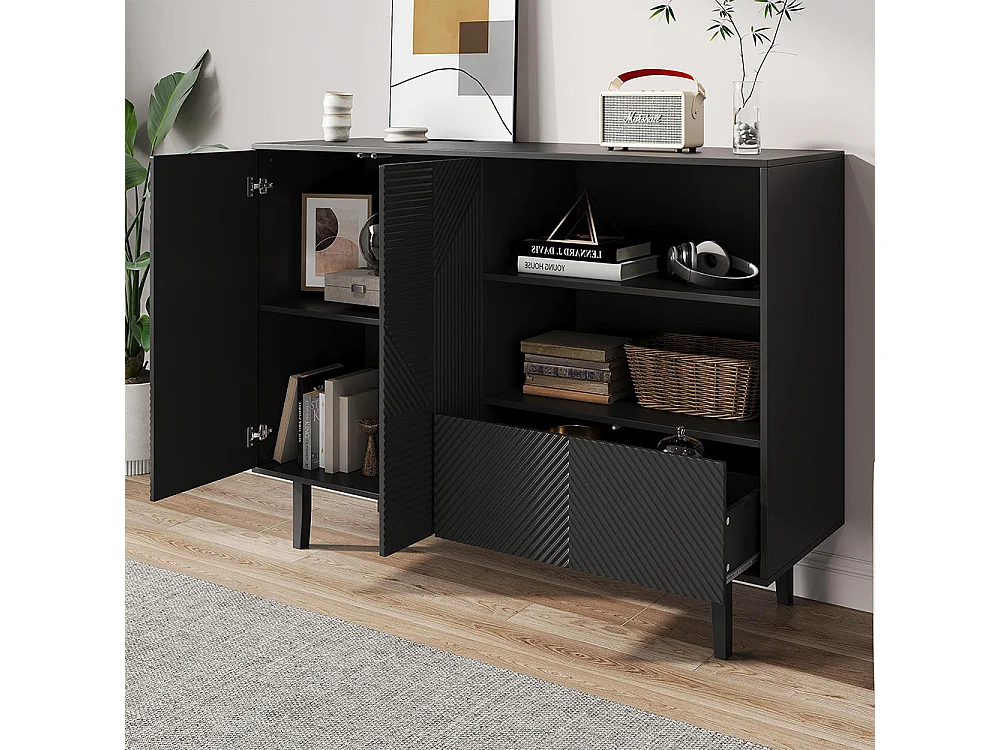 Buffet 2 portes ouvrantes et 1 tiroir avec rayures mates armoire de rangement avec motif géométrique noir