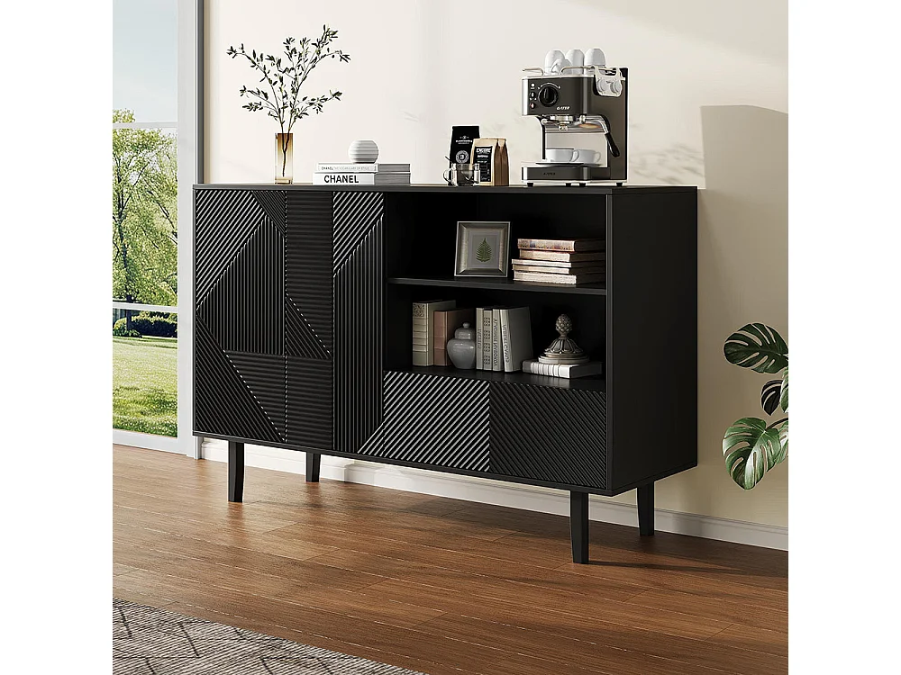 Buffet 2 portes ouvrantes et 1 tiroir avec rayures mates armoire de rangement avec motif géométrique noir