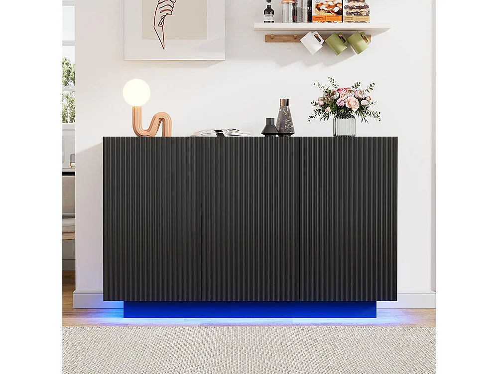Buffet LED moderne avec éclairage aspect marbre intelligente Commande bluetooth rayures verticales noir