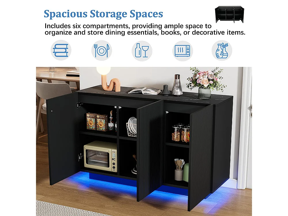 Buffet LED moderne avec éclairage aspect marbre intelligente Commande bluetooth rayures verticales noir