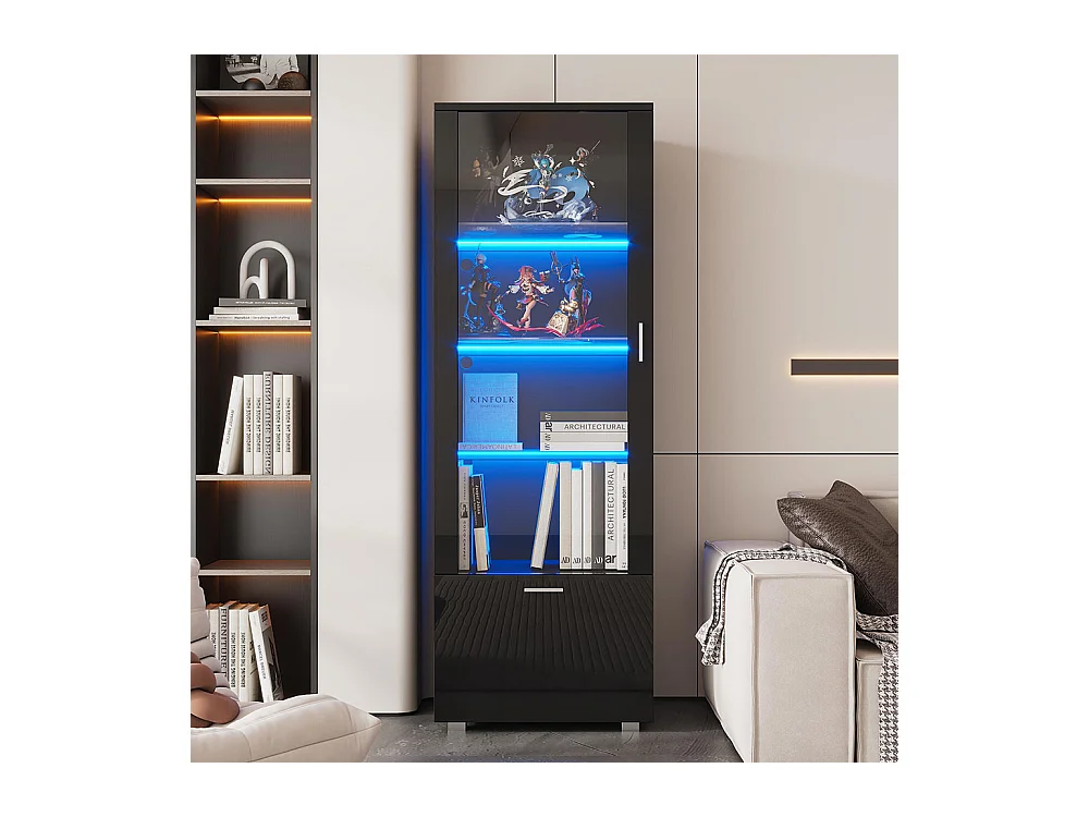 Vitrine avec portes brillantes 3 étagères vitrées en verre éclairées par LED vitrines pour objets de collection armoires à parfum bibliothèques noir